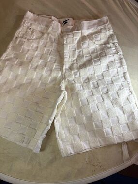 Men's White Checkered Terry Flat-Front Shorts. Callout